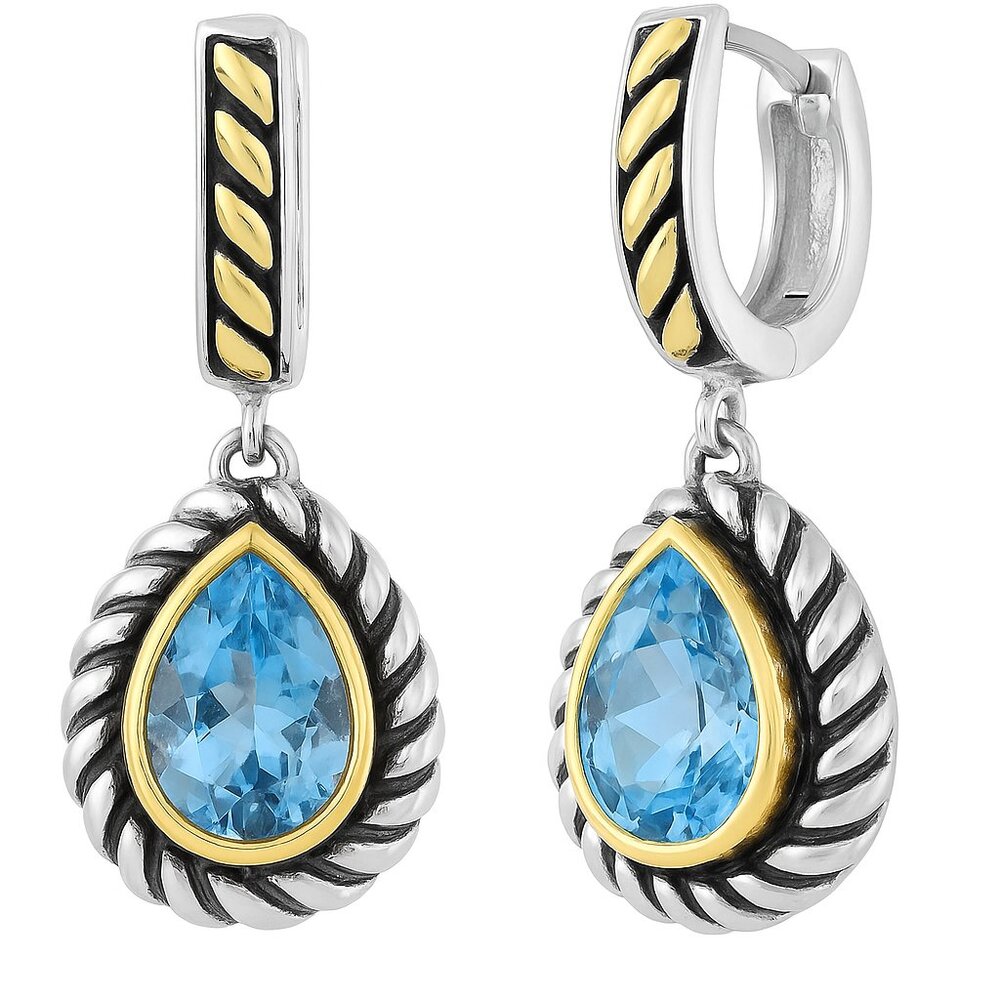 💧 Effy Blue Topaz Pear Drop Earrings – Sterling Silver & 18K Yellow Gold